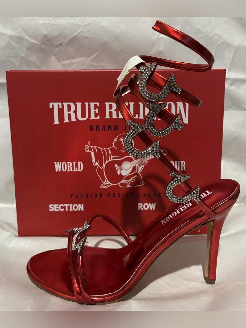 True Religion Red Swirl Horseshoe Rhinestoned High Heels 6